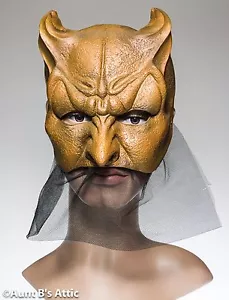 Mardi Gras Mask Gold Latex Demon Venetian Style Eye Mask With Netted Drape - Picture 1 of 2