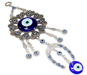 Turkish Blue Evil Eyes Nazar Large Horseshoe Amulet Wall Hanging Decor Blessing - Picture 1 of 3