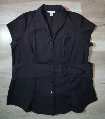 Dressbarn Button Down Blouse Women's Size Large Black Belted Collared Career Top - Изображение 1 из 4