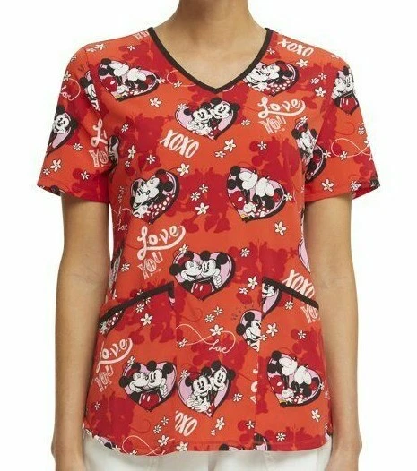 Disney Scrubstar Women's Mickey Minnie Mouse Hearts Love V-Neck Scrub Top 2XL