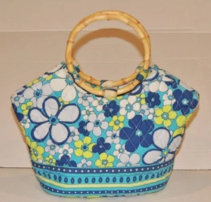 Cute Vera Bradley Blue Cotton Print Purse w Bamboo Handles - Picture 1 of 6