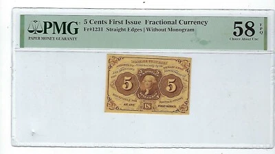 US 5c Fractional Currency 1st Issue Imperf w/o Monogram FR 1231 PMG 58 EPQ ChCU - Image 1 of 2