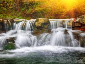 Fototapete - WASSERFALL - (713) - VLIES - Halterung Sonnenaufgang Felsen Tapete Panorama - Bild 1 von 1