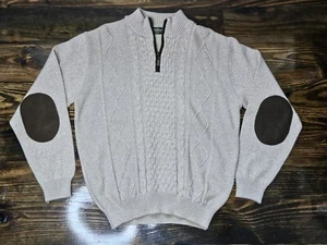 Norm Thompson Khaki Cable Knit 1/4 Zip Cardigan Sweater Brown Elbow Patch Med  - Picture 1 of 7