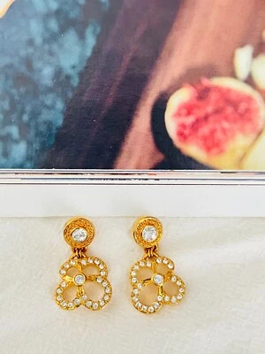 Brincos perfurados vintage Swarovski floral trevo maricas cristais, ouro - Imagem 1 de 4