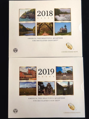 2018 & 2019 US MINT ISSUED America The Beautiful  25C Quarters Uncirculated Set Cover