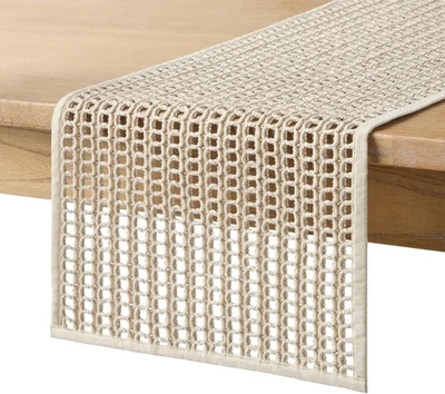 Corredor de mesa FIESTA Kai macramê, tecido de algodão, lavável na máquina, natural, 14"x72 - Imagem 1 de 4