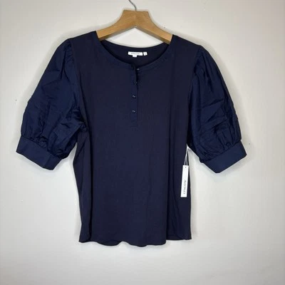 Top Henley para mujer Chico talla 4 (XXL) azul marino manga abullonada botón acanalado nuevo con etiquetas Foto 1 de 4