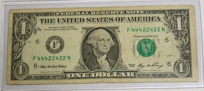 $1 FRN Fancy Serial Number *RARE*  DOUBLE QUAD BINARY * 44422422 * - Image 1 of 3