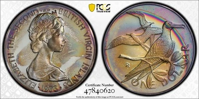 1973 Ilhas Virgens Britânicas $1 prata. Câmera D PCGS Gold Shield Proof 67. - Imagem 1 de 4