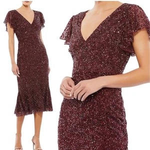 NWOT Mac Duggal Sequin V Neck Flutter Cap Sleeve Trumpet Dress Cocktail Party - Picture 1 of 10