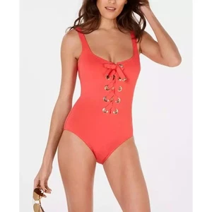 Michael Kors Lace-Up One-Piece Swimsuit In Coral - Picture 1 of 6