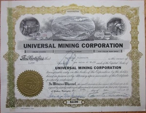 Universal Mining Corp. 1957 Stock Certificate, Spokane, Washington WA - Picture 1 of 1
