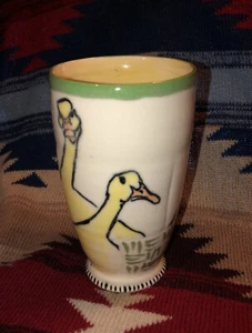 Vintage Asian Hand Painted Duck Ceramic pottery Coffee Art Mug Cup Green Yellow - Picture 1 of 9
