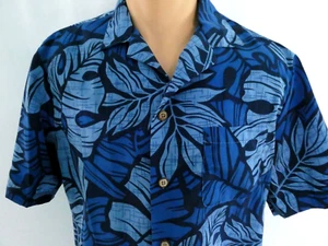 EDWARDS Hawaiian Men's L Short Sleeve Shirt Polyester No Iron Blue Tropical Leaf - Picture 1 of 7