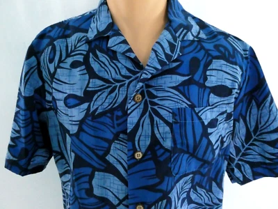 EDWARDS Hawaiian Men's L Short Sleeve Shirt Polyester No Iron Blue Tropical Leaf - Image 1 of 4