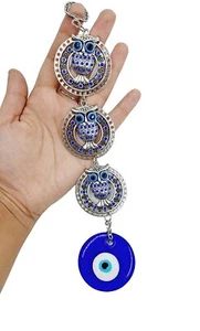Evil Eye Hanging For Home Entrance 3 Owl Nazar Battu Protection Good Luck Charm - Picture 1 of 4
