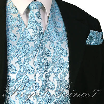 Turquoise Blue Paisley Tuxedo Suit Dress Vest Waistcoat & Necktie And Hankie Set - Image 1 of 4