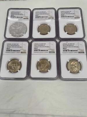 2015 ANNUAL DOLLAR COIN SET MS69 SILVER EAGLE & MS67 SACAGAWEA, PRESIDENTS. - Image 1 of 2