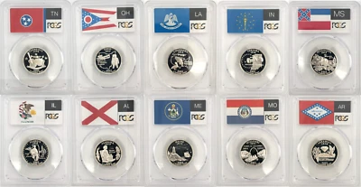 2002 2003 State Proof SILVER PCGS 70 10 Quarters TN OH LA IN MS IL AL ME MO AR - Image 1 of 2