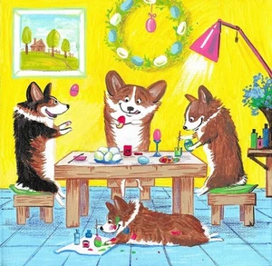 IMPRESIÓN 4X4 PINTURA DE PASCUA RYTA PEMBROKE GALÉS CORGI HUEVOS CAPRICHOSOS ARTE POPULAR PERROS - Imagen 1 de 1
