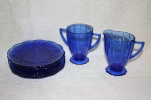 (6) Newport (Hairpin) Cobalt Sherbet Plate and Newport Cobalt Creamer & Sugar - Picture 1 of 11