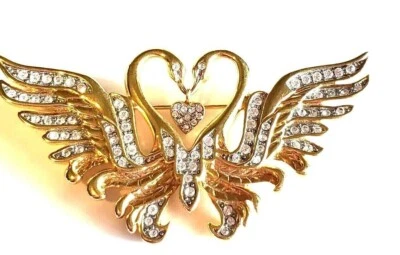 Broche prendedor de cisnes besando diamantes simulados corte redondo de 2 quilates enchapado en oro amarillo de 14 quilates Foto 1 de 3