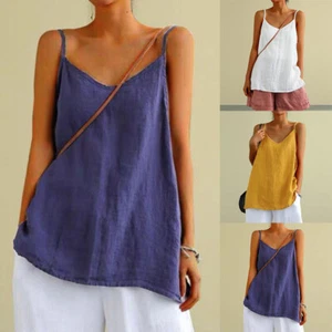 Womens Tank Tops Summer Sleeveless Cami Blouse Cotton Linen Vest Tee T Shirt - Picture 1 of 15