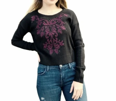 NEW Willow Clay Wool Blend Embroidered Sweater sz SMALL Bugle Beads Black Purple - Image 1 of 4