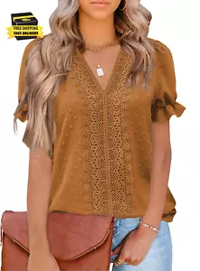 Womens Summer Tops 2025 Trendy Short Sleeve Shirts Spring Clothes V Neck Tshirts - Picture 1 of 6