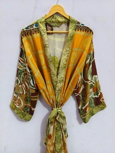 Regalo de cumpleaños para ella bata kimono de seda Sari bata suave multicolor, B-4953 - Imagen 1 de 7