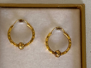 14ct 14k Solid Yellow Gold Shiny Etched Tube Hoop Earrings w Gold Balls   17mms