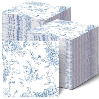 100 Pack Blue Floral Cocktail Napkins Blue and White Floral Toile Paper Napki... - Image 1 of 4