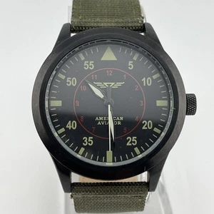 Amerikanische Fliegeruhr Herren 44mm schwarzes Gehäuse grünes Nylonband - neue Batterie - Bild 1 von 9