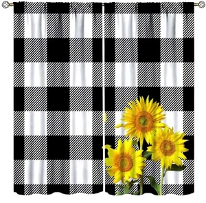 Sunflower Curtains Sunflower on Farm Buffalo Check Plaid Black and White Curt... - Picture 1 of 8