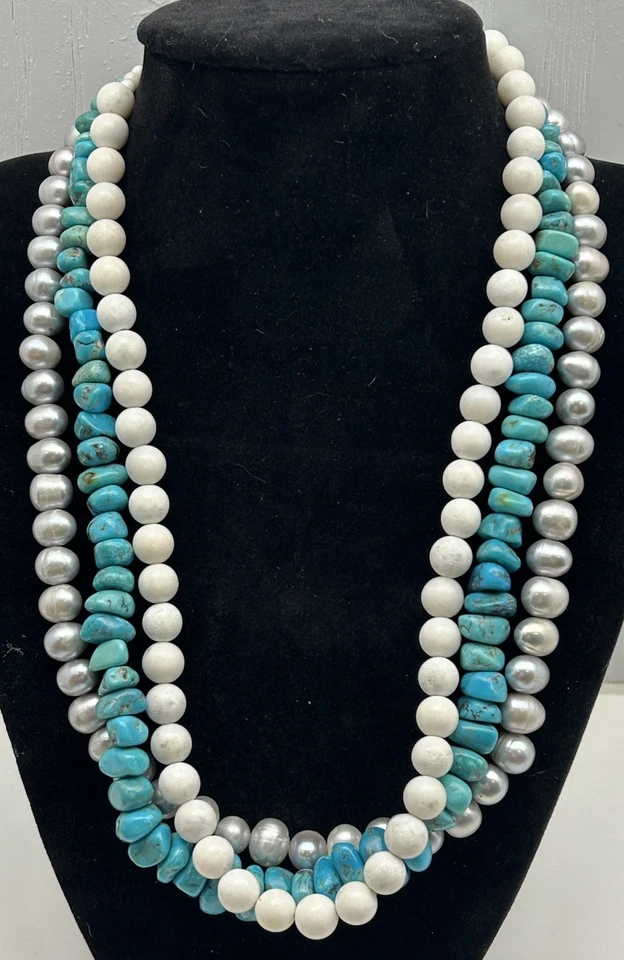 QVC Multi Gemstone Sterling Silver 3 Strand Necklace Cultured Pearls Turquoise - Image 1 of 4