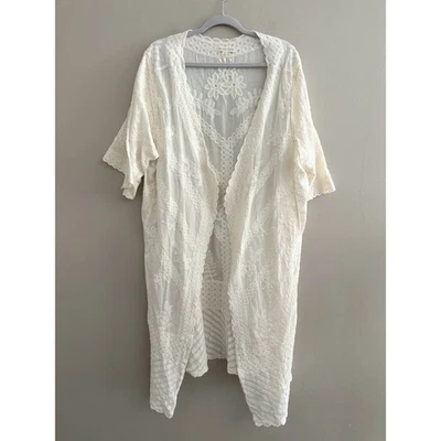 Cactus + Pearl XL Embroidered Kimono Duster Ivory Open Front Cardigan Boho Fairy - Image 1 of 4
