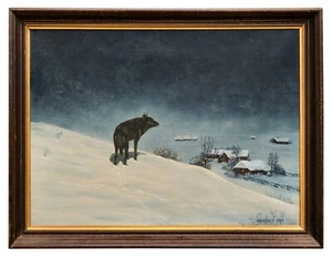Einsamer Wolf im Schnee, Vintage Shenandoah Valley Virginia Gemälde, FJ Grace, 1955 - Bild 1 von 12
