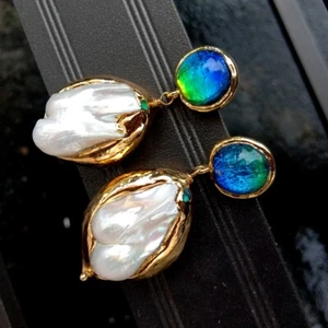 Weiße Muschel blau Murano Glas vergoldet Ohrstecker für Party Schmuck - Bild 1 von 6