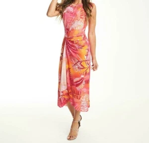 Coldesina Women's Jude Printed Draped Midi Asymmetric Dress Pink Palm 2X Size - Picture 1 of 2