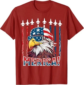 Merica USA Flag American Bald Eagle Patriotic Eagle 4th of July Unisex T-Shirt - Picture 1 of 9