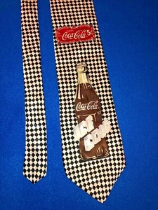 Coca-Cola Ice Cold Tie Coke Bottle Necktie Black White Checkered 100% Silk - Picture 1 of 5