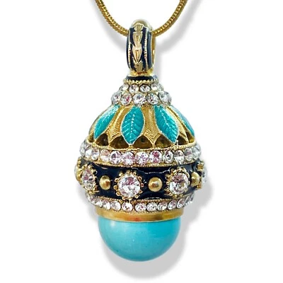 Colgante Huevo Fabergé Turquesa Plata de Ley Esmalte Cristales Oro 24" Cadena Regalo Foto 1 de 4