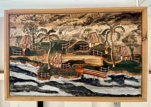 Original Wood Collage Tropical Village Scene Mixed Media Picture Painting - Picture 1 of 11