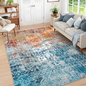 Abstract Teal Orange 6x9 Rug for Living Room Bedroom, Large Boho Washable Din... - Picture 1 of 9