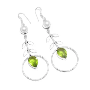 LAb-Created Peridot Pearl Gift Handmade Drop Dangle Earring Jewelry 3.2" IE-7288 - Picture 1 of 1