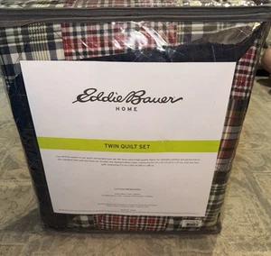 Eddie Bauer Bedding Set Madrona 2-Piece Cotton Twin Quilt / Sham Blue Red Plaid - Picture 1 of 4