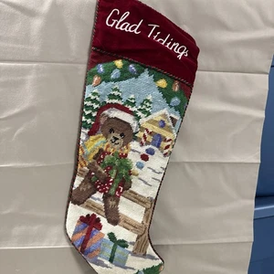 Medias de Navidad grandes vintage bordadas a punta de aguja de 24 pulgadas oso de peluche leer - Imagen 1 de 9