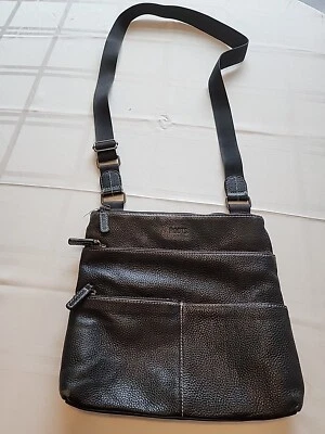 Vtg Roots Black Pebble Leather Crossbody Purse Messenger Bag Canvas Back & Strap - Image 1 of 4