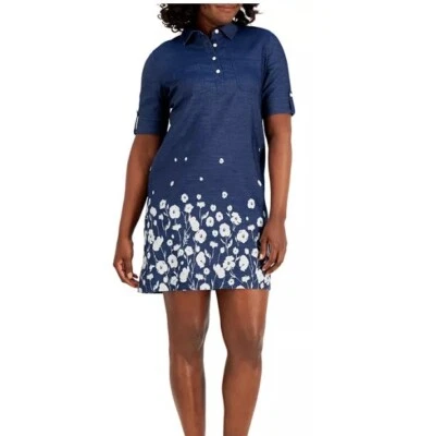 Karen Scott Womens S Chambray Blue White Floral Collared Dress NWT BC35 - Image 1 of 3